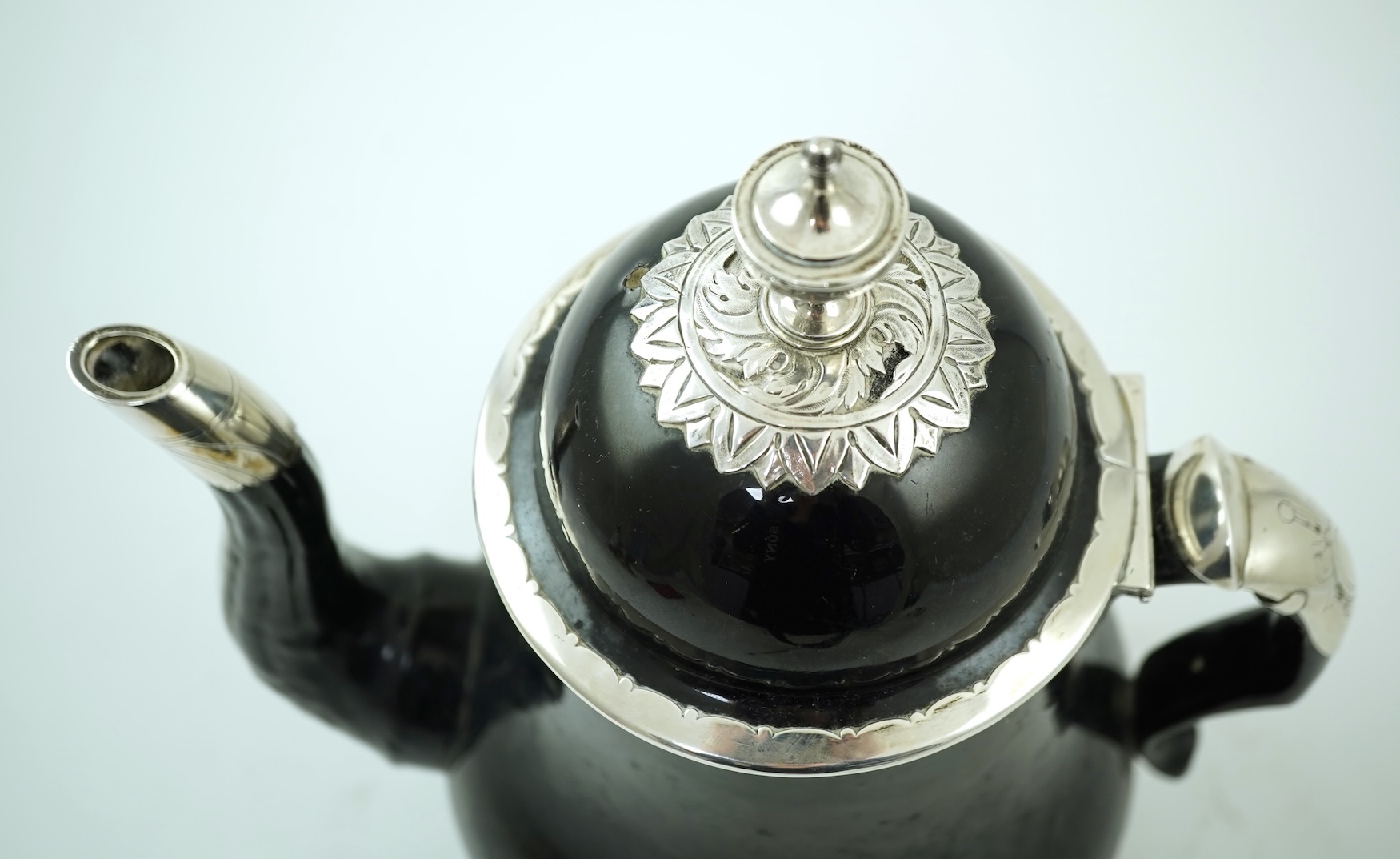 A Belgian silver mounted terre noire de Namur coffee pot, 18th century